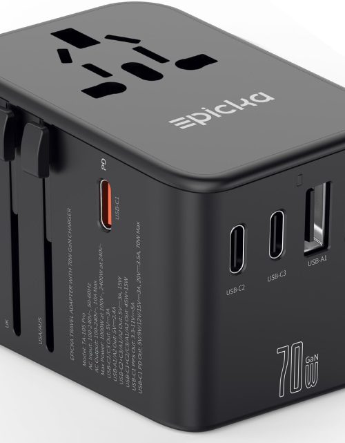 EPICKA Universal Travel Adapter, GaN International Plug Adapter with 3 USB-C 70W PD Fast Charging & 2 USB-A Adaptor All-in-one Wall Charger for USA EU UK AUS (TA-105 Pro, Black)