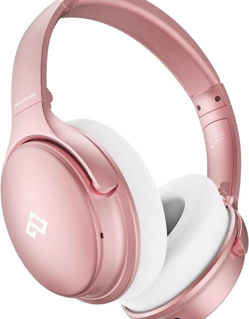 INFURTURE Upgrade Rose Gold Active Noise Cancelling Headphones with Microphone Wireless Over Ear Bluetooth, Deep Bass, Memory Foam Ear Cups, Quick Charge 90H Playtime, for TV, Travel, Home Office