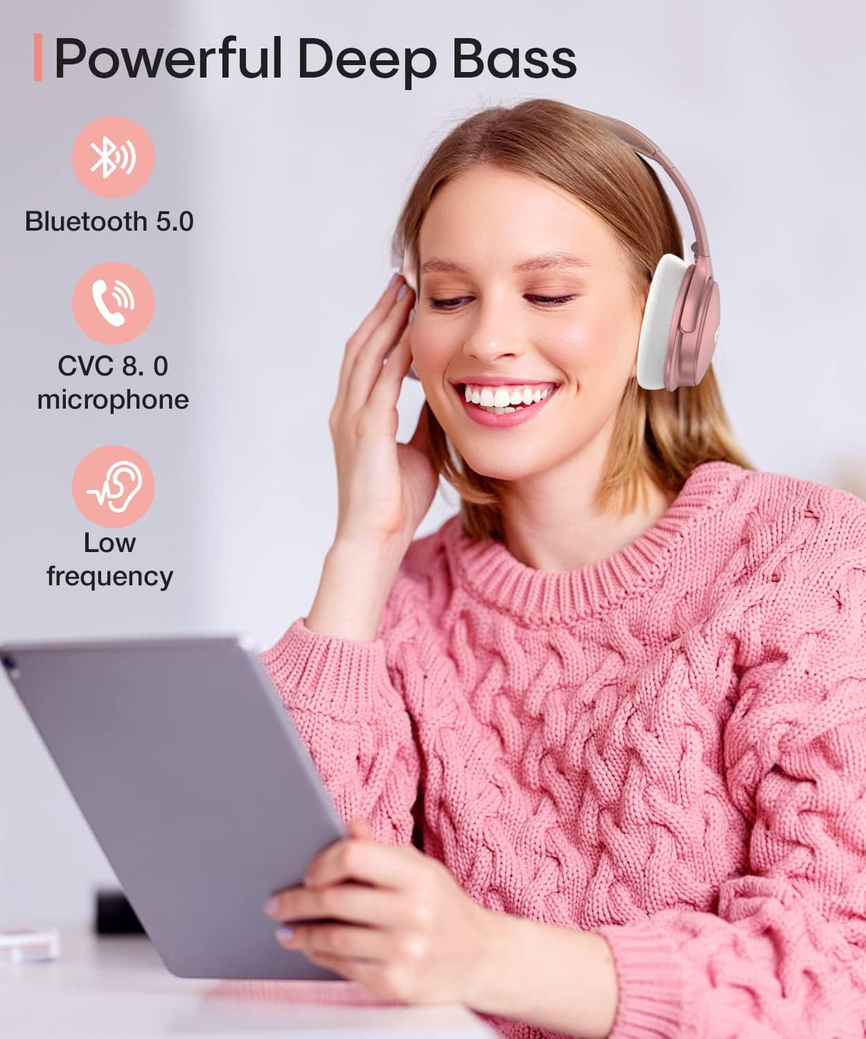 INFURTURE Upgrade Rose Gold Active Noise Cancelling Headphones with Microphone Wireless Over Ear Bluetooth, Deep Bass, Memory Foam Ear Cups, Quick Charge 90H Playtime, for TV, Travel, Home Office - Image 5