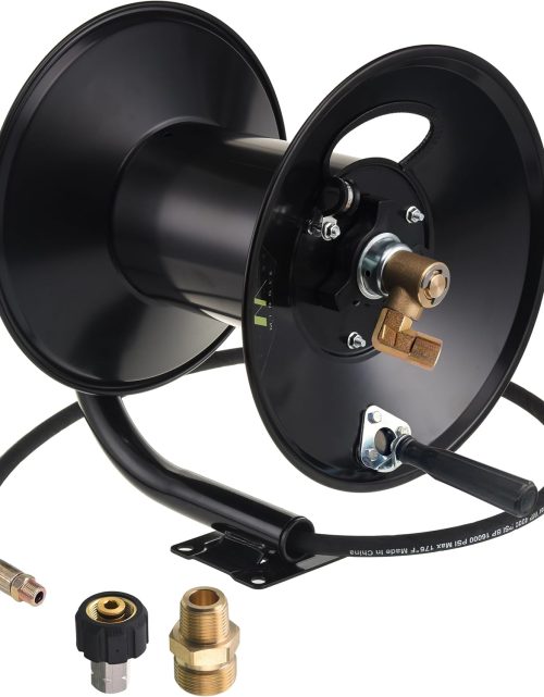 M MINGLE High Pressure Washer Hose Reel 150ft, Heavy Duty Steel Hose Reel, Manual Crank Power Washer Hose Reel with 3/8" Pressure Wash Whip Hose, Swivel Arm and Mounting Bracket, 4000 PSI