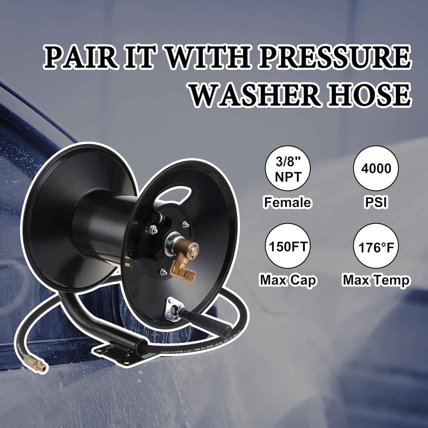M MINGLE High Pressure Washer Hose Reel 150ft, Heavy Duty Steel Hose Reel, Manual Crank Power Washer Hose Reel with 3/8" Pressure Wash Whip Hose, Swivel Arm and Mounting Bracket, 4000 PSI - Image 3