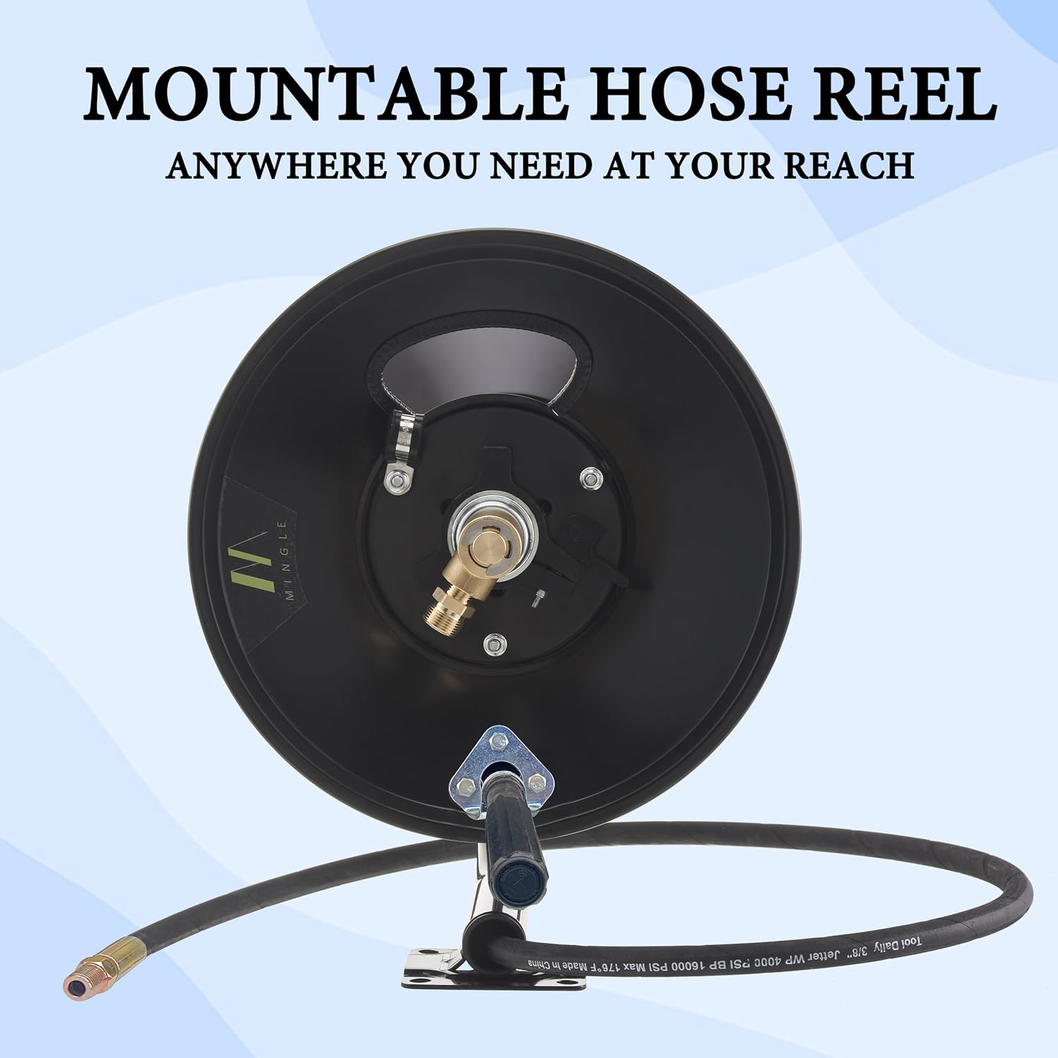 M MINGLE High Pressure Washer Hose Reel 150ft, Heavy Duty Steel Hose Reel, Manual Crank Power Washer Hose Reel with 3/8" Pressure Wash Whip Hose, Swivel Arm and Mounting Bracket, 4000 PSI - Image 7