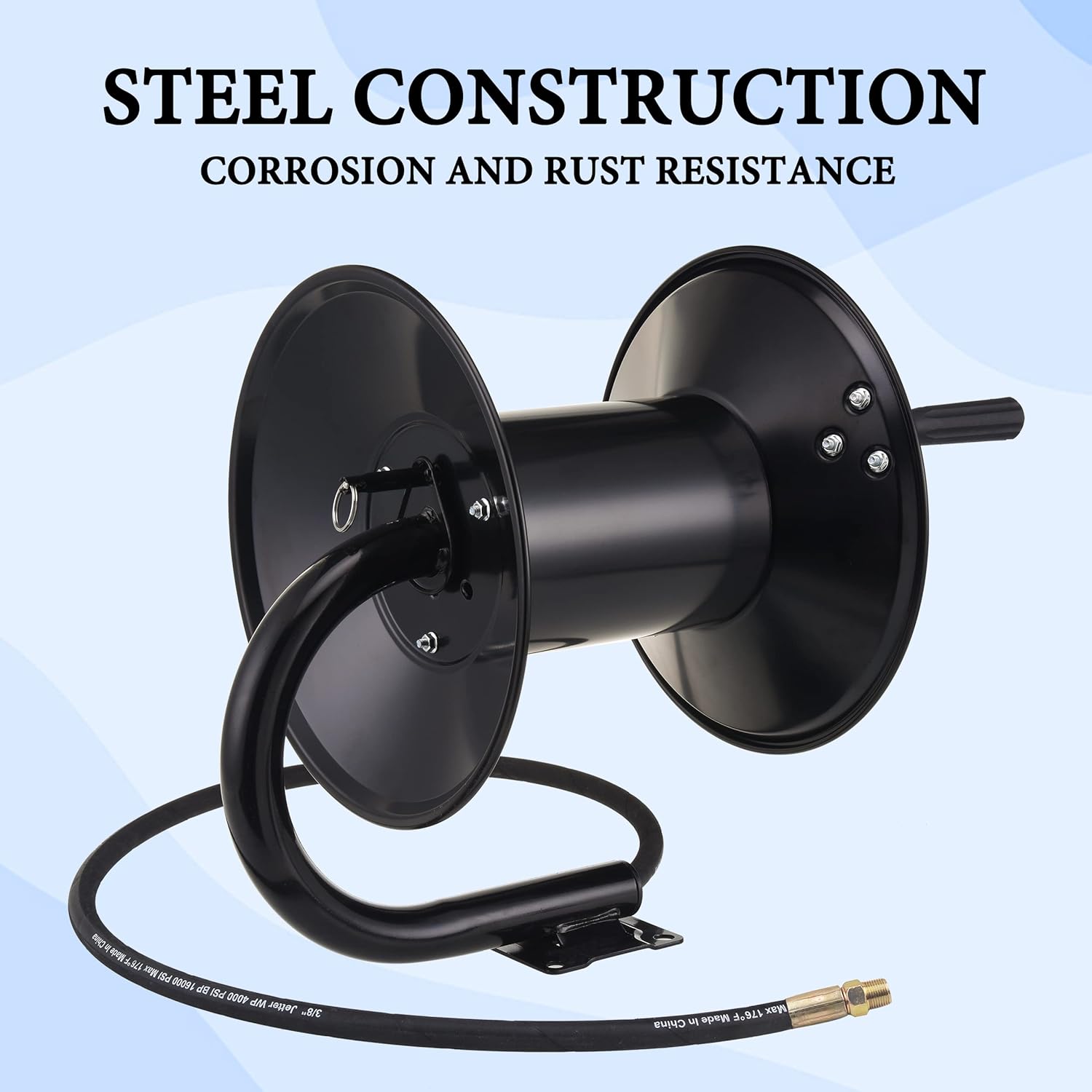 M MINGLE High Pressure Washer Hose Reel 150ft, Heavy Duty Steel Hose Reel, Manual Crank Power Washer Hose Reel with 3/8" Pressure Wash Whip Hose, Swivel Arm and Mounting Bracket, 4000 PSI - Image 8